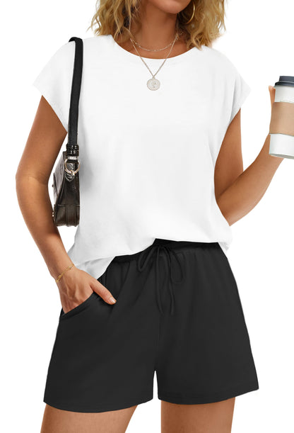 WIHOLL Two Piece Sets for Women Summer Crew Neck Lounge Short Sets Cap Sleeve Drawstring Sweatsuit with Pocket