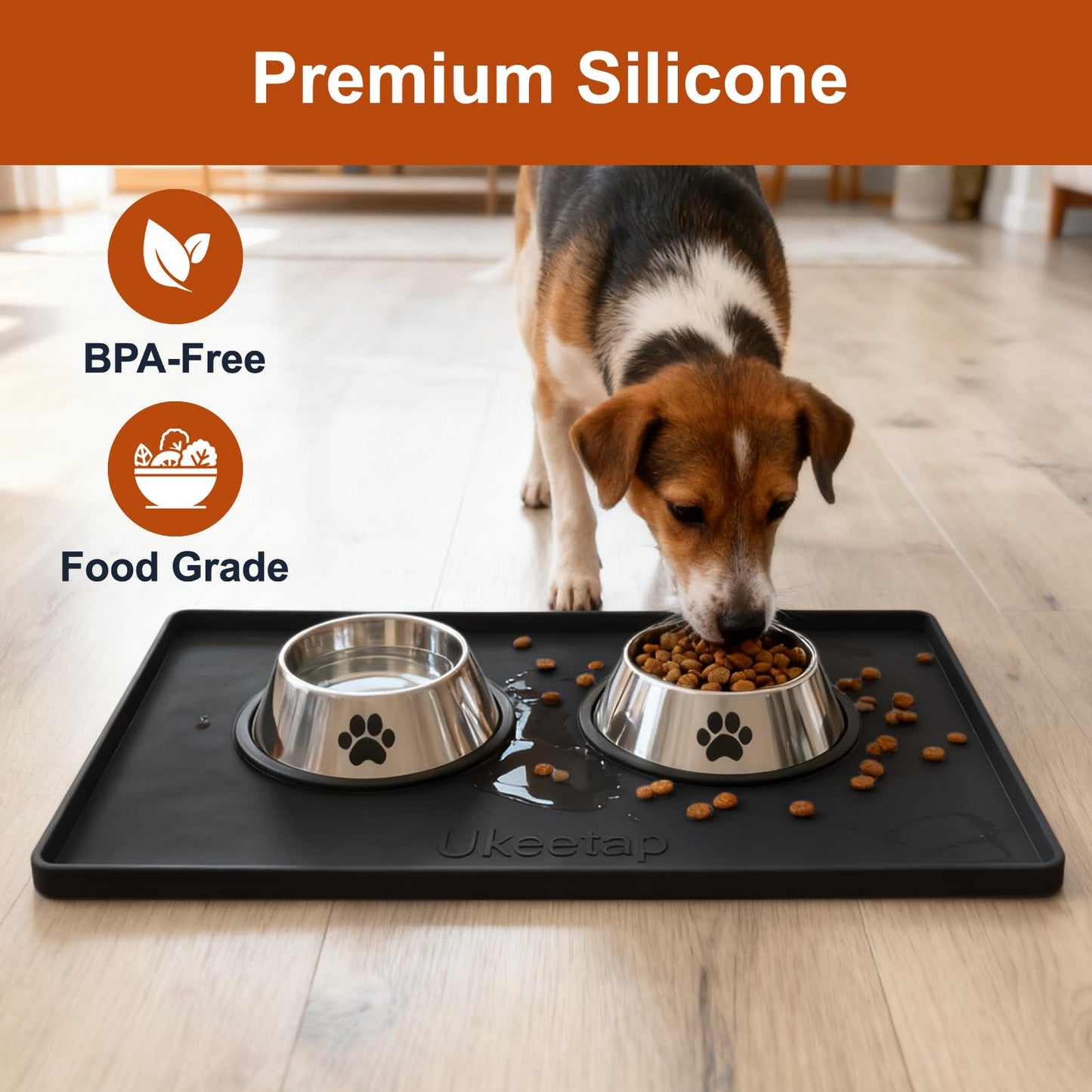 ukeetap Extra Thick Silicone Mat Waterproof with Raised Edge 19” x 12”, BPA Free Non-Slip Dog & Cat Food Mat, Feeding Mat for Food and Water Bowls, Spill Proof Mat to Protect Floors, Gray