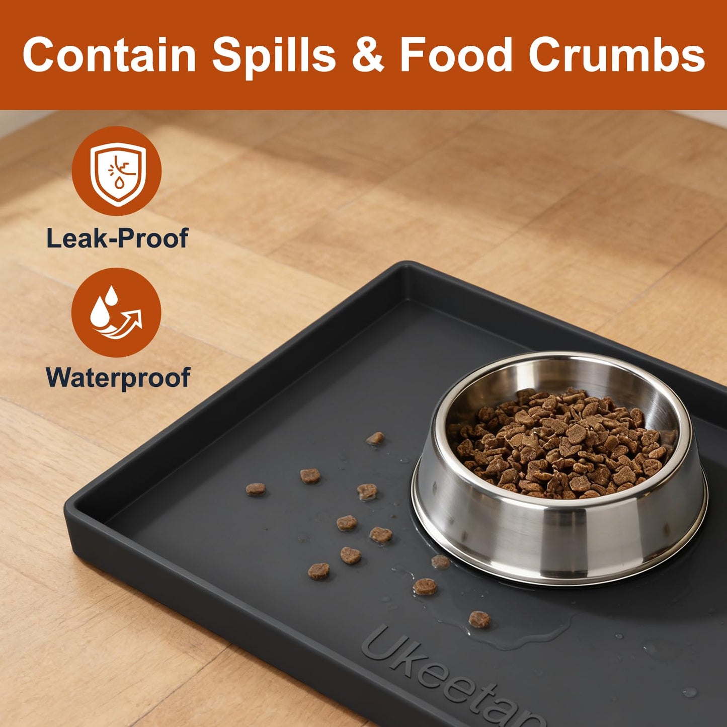 ukeetap Extra Thick Silicone Mat Waterproof with Raised Edge 19” x 12”, BPA Free Non-Slip Dog & Cat Food Mat, Feeding Mat for Food and Water Bowls, Spill Proof Mat to Protect Floors, Gray