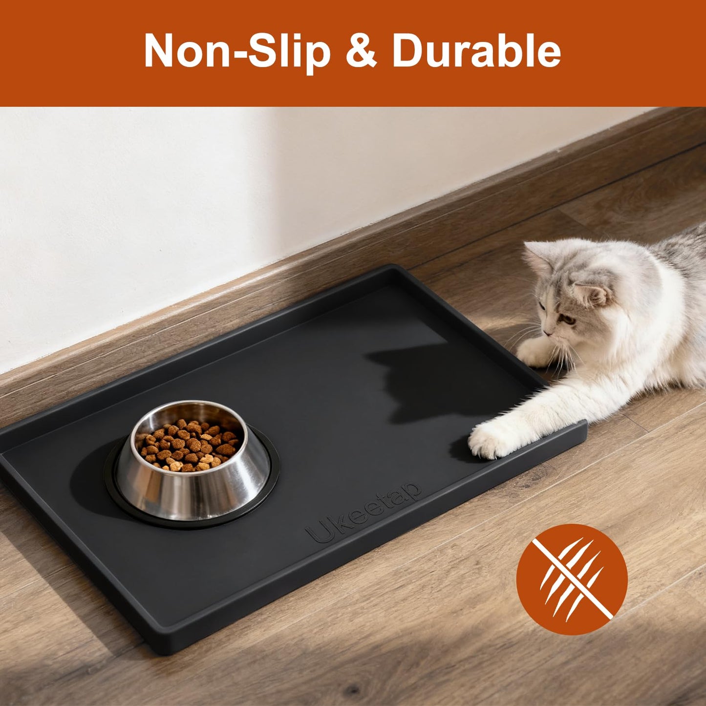 ukeetap Extra Thick Silicone Mat Waterproof with Raised Edge 19” x 12”, BPA Free Non-Slip Dog & Cat Food Mat, Feeding Mat for Food and Water Bowls, Spill Proof Mat to Protect Floors, Gray