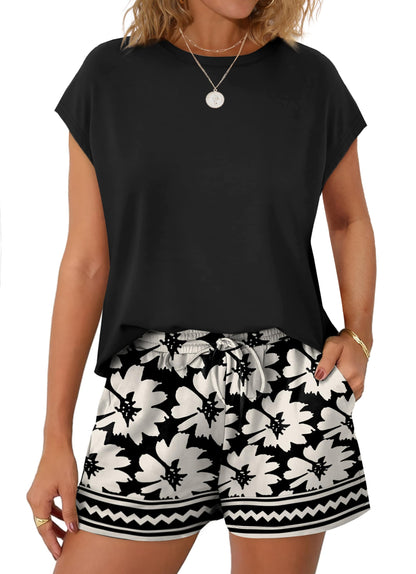 WIHOLL Two Piece Sets for Women Summer Crew Neck Lounge Short Sets Cap Sleeve Drawstring Sweatsuit with Pocket