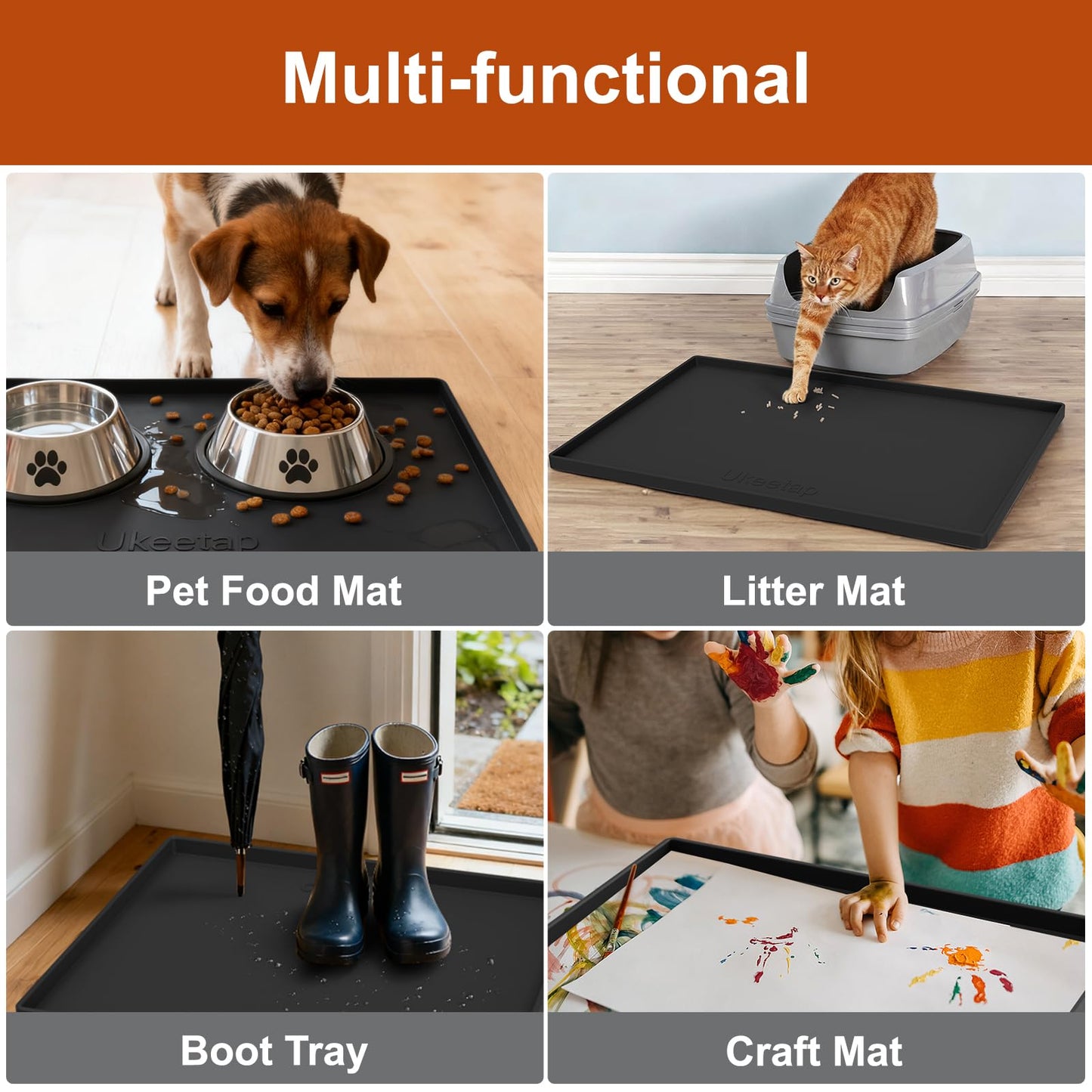 ukeetap Extra Thick Silicone Mat Waterproof with Raised Edge 19” x 12”, BPA Free Non-Slip Dog & Cat Food Mat, Feeding Mat for Food and Water Bowls, Spill Proof Mat to Protect Floors, Gray