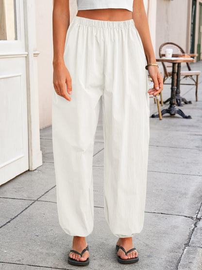 Tankaneo Womens Balloon Pants Trendy Casual Elastic Waist Wide Leg Harem Pants Baggy Pleated Lantern Trousers