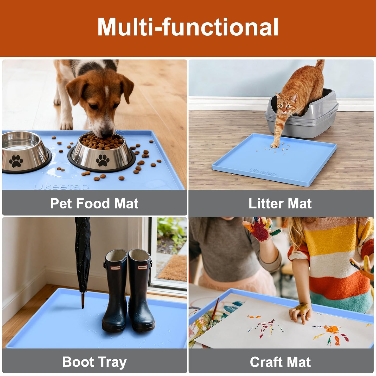 ukeetap Extra Thick Silicone Mat Waterproof with Raised Edge 19” x 12”, BPA Free Non-Slip Dog & Cat Food Mat, Feeding Mat for Food and Water Bowls, Spill Proof Mat to Protect Floors, Gray