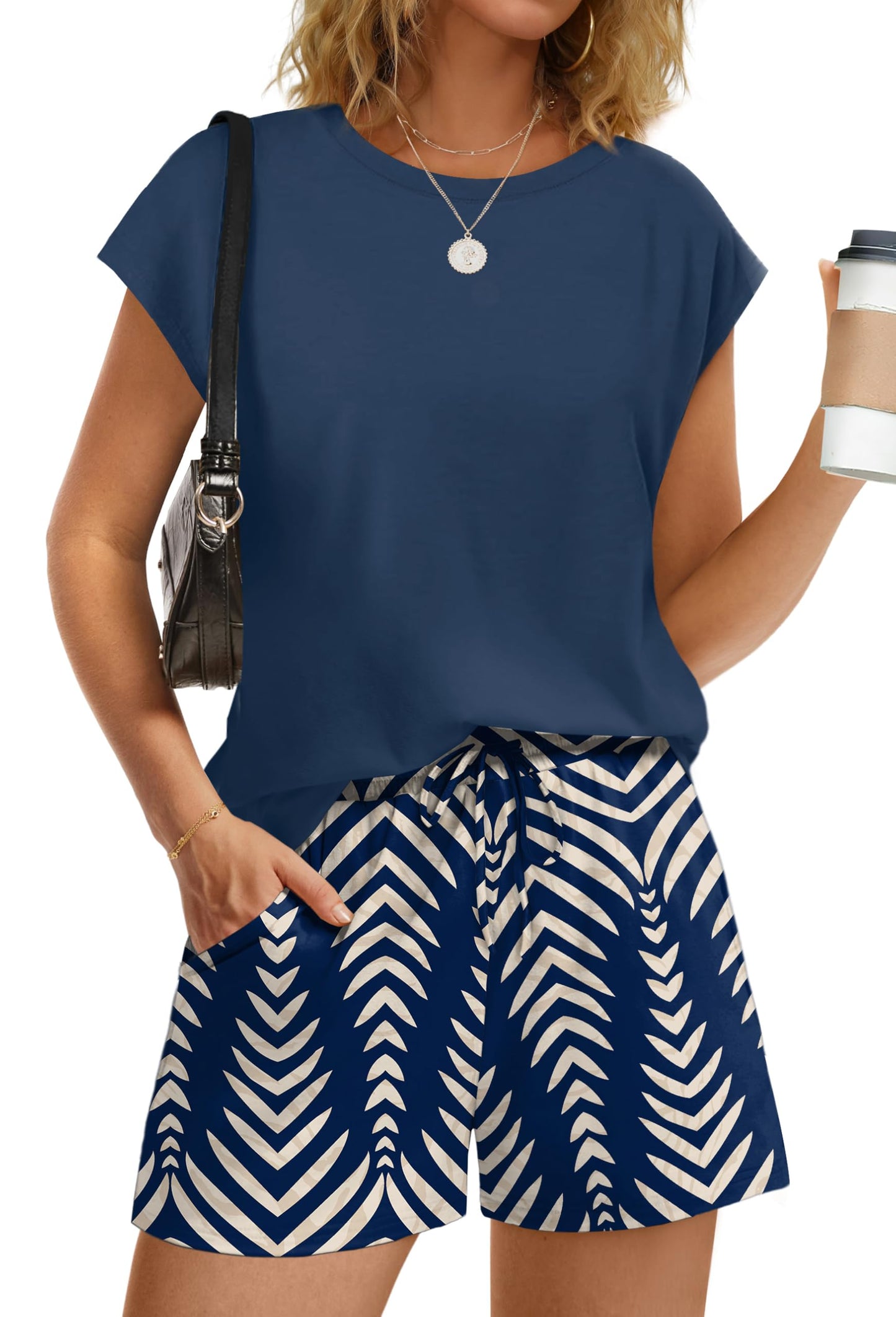 WIHOLL Two Piece Sets for Women Summer Crew Neck Lounge Short Sets Cap Sleeve Drawstring Sweatsuit with Pocket
