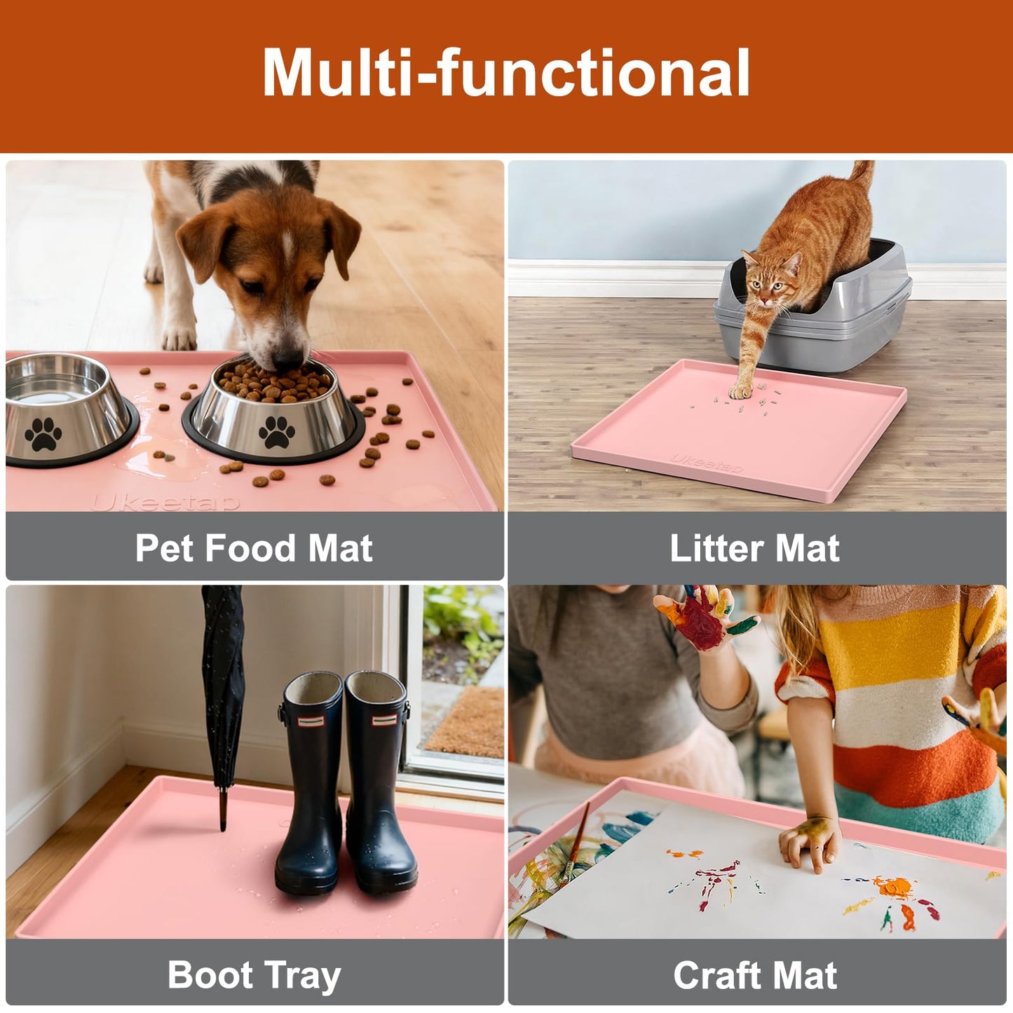 ukeetap Extra Thick Silicone Mat Waterproof with Raised Edge 19” x 12”, BPA Free Non-Slip Dog & Cat Food Mat, Feeding Mat for Food and Water Bowls, Spill Proof Mat to Protect Floors, Gray