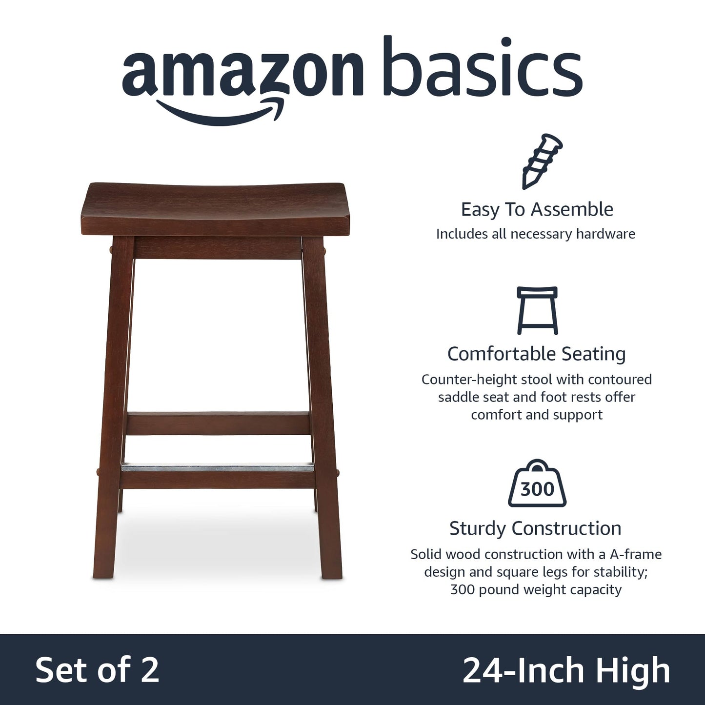 Amazon Basics Solid Wood Saddle-Seat Counter Height Bar Stools for Kitchen Island with Footrest, 24-Inch Height, Black, Set of 2