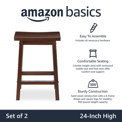 Amazon Basics Solid Wood Saddle-Seat Counter Height Bar Stools for Kitchen Island with Footrest, 24-Inch Height, Black, Set of 2