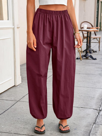 Tankaneo Womens Balloon Pants Trendy Casual Elastic Waist Wide Leg Harem Pants Baggy Pleated Lantern Trousers