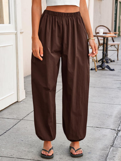Tankaneo Womens Balloon Pants Trendy Casual Elastic Waist Wide Leg Harem Pants Baggy Pleated Lantern Trousers