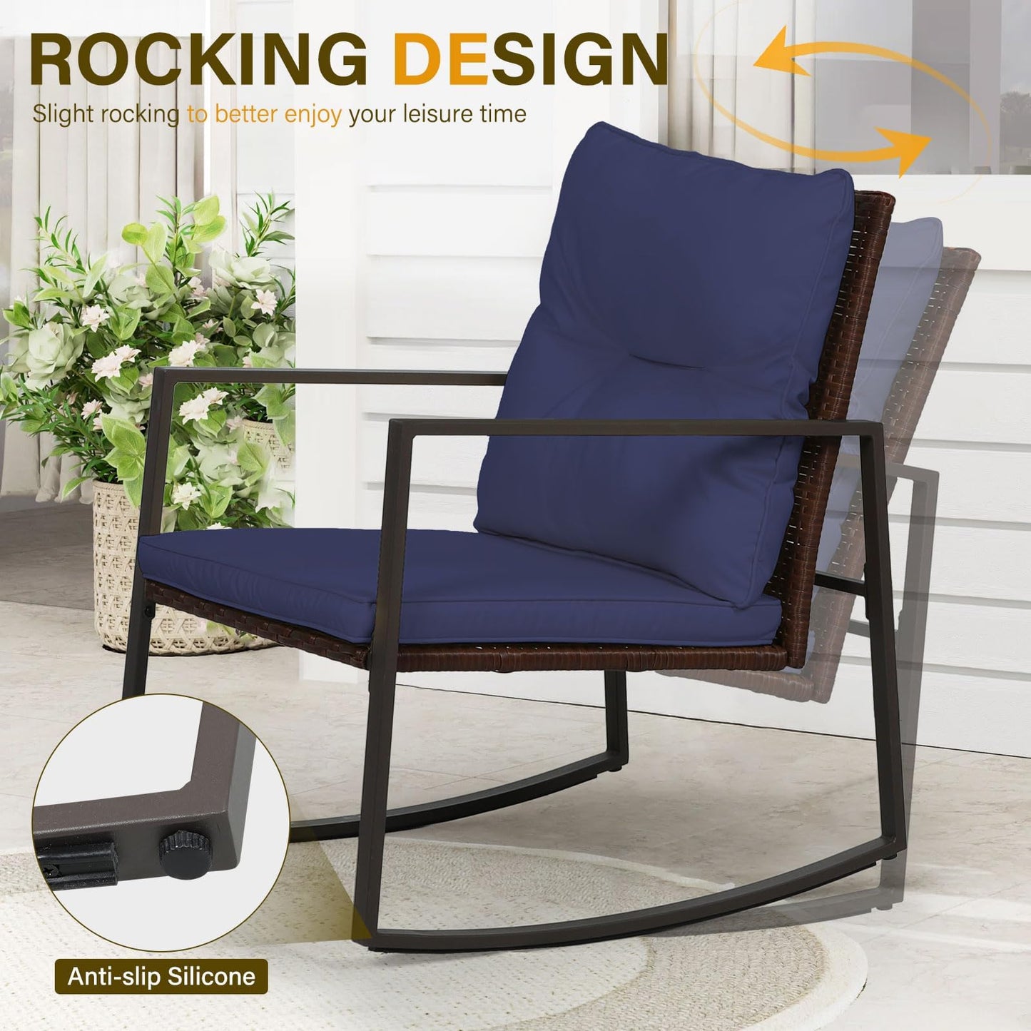 SUNCROWN 3 Piece Outdoor Rocking Bistro Set Black Wicker Furniture Porch Chairs Conversation Sets with Glass Coffee Table, Beige