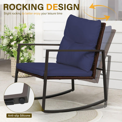 SUNCROWN 3 Piece Outdoor Rocking Bistro Set Black Wicker Furniture Porch Chairs Conversation Sets with Glass Coffee Table, Beige