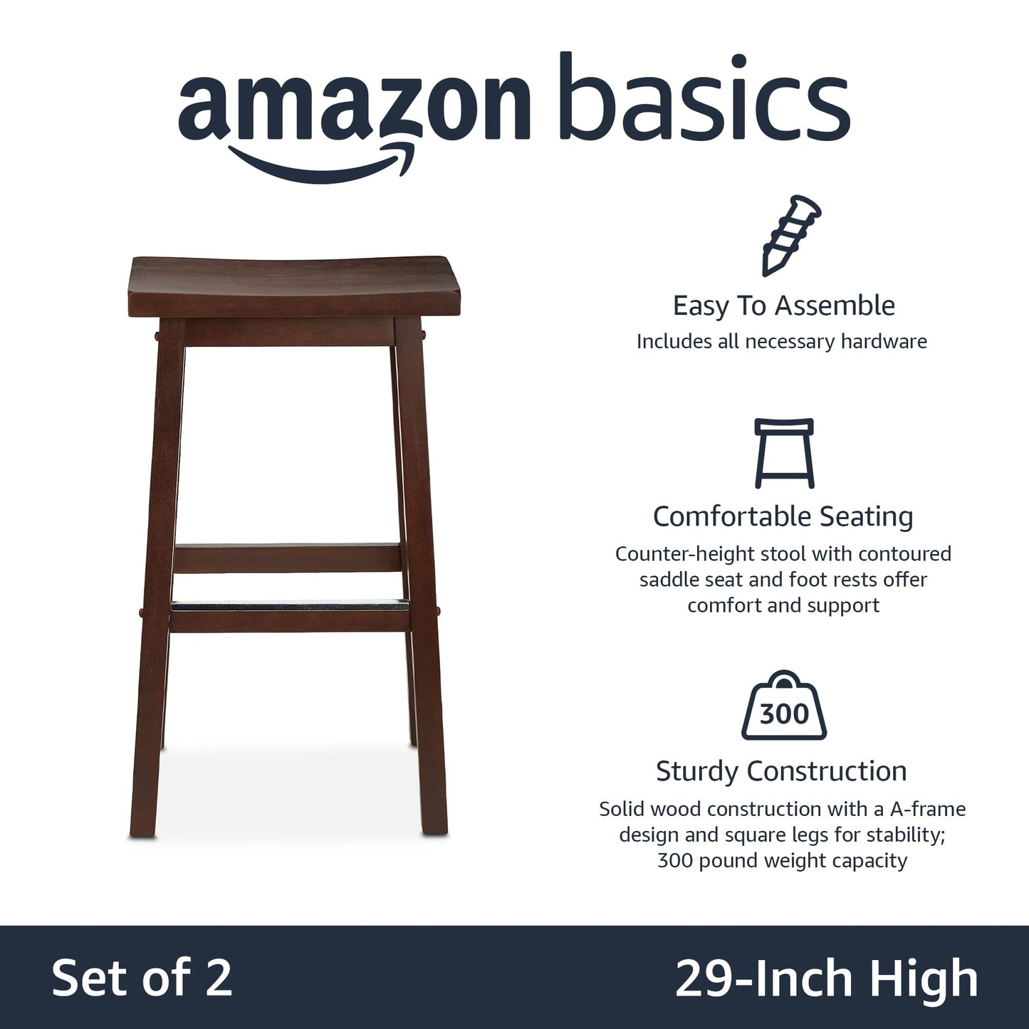 Amazon Basics Solid Wood Saddle-Seat Counter Height Bar Stools for Kitchen Island with Footrest, 24-Inch Height, Black, Set of 2