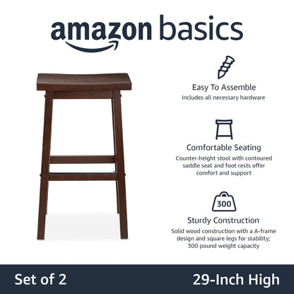 Amazon Basics Solid Wood Saddle-Seat Counter Height Bar Stools for Kitchen Island with Footrest, 24-Inch Height, Black, Set of 2