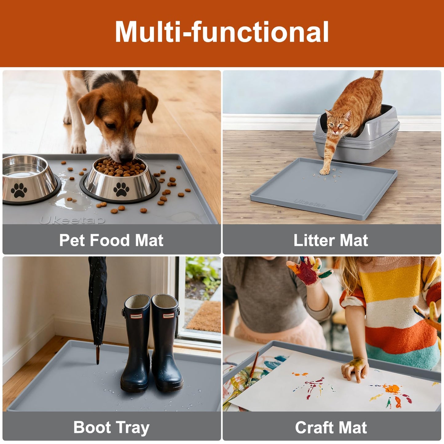 ukeetap Extra Thick Silicone Mat Waterproof with Raised Edge 19” x 12”, BPA Free Non-Slip Dog & Cat Food Mat, Feeding Mat for Food and Water Bowls, Spill Proof Mat to Protect Floors, Gray