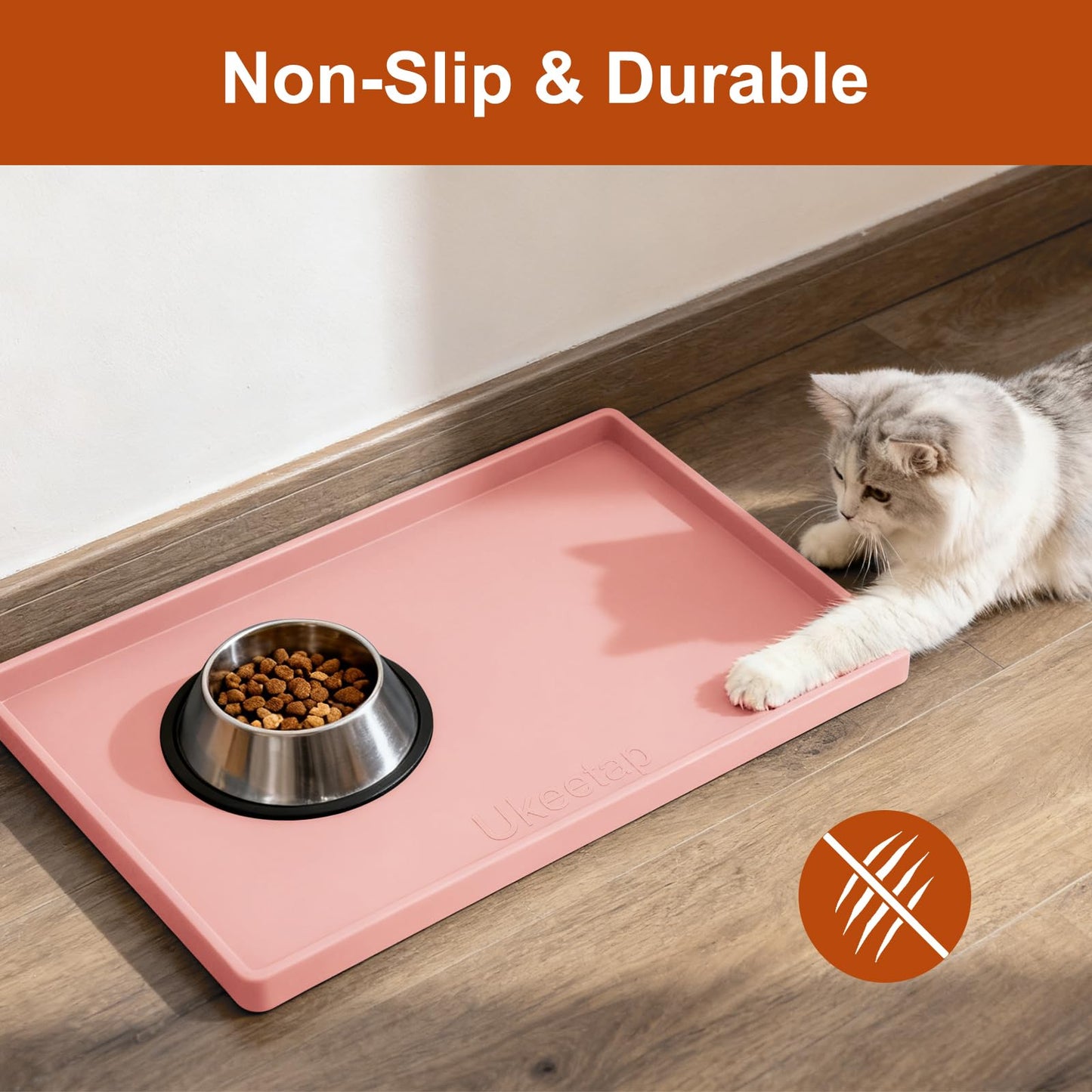 ukeetap Extra Thick Silicone Mat Waterproof with Raised Edge 19” x 12”, BPA Free Non-Slip Dog & Cat Food Mat, Feeding Mat for Food and Water Bowls, Spill Proof Mat to Protect Floors, Gray
