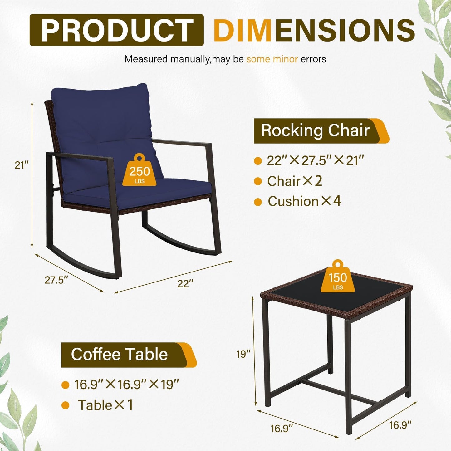 SUNCROWN 3 Piece Outdoor Rocking Bistro Set Black Wicker Furniture Porch Chairs Conversation Sets with Glass Coffee Table, Beige