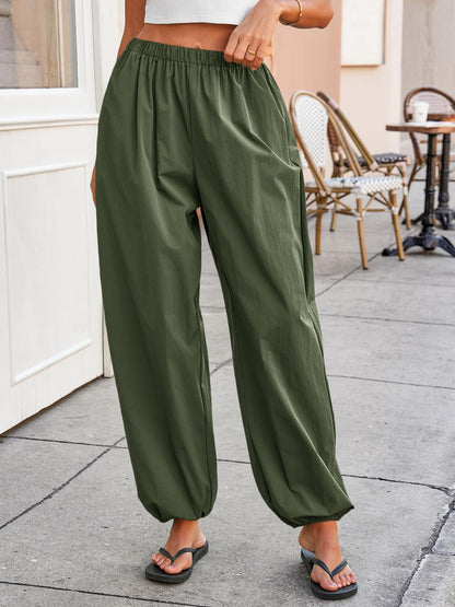 Tankaneo Womens Balloon Pants Trendy Casual Elastic Waist Wide Leg Harem Pants Baggy Pleated Lantern Trousers