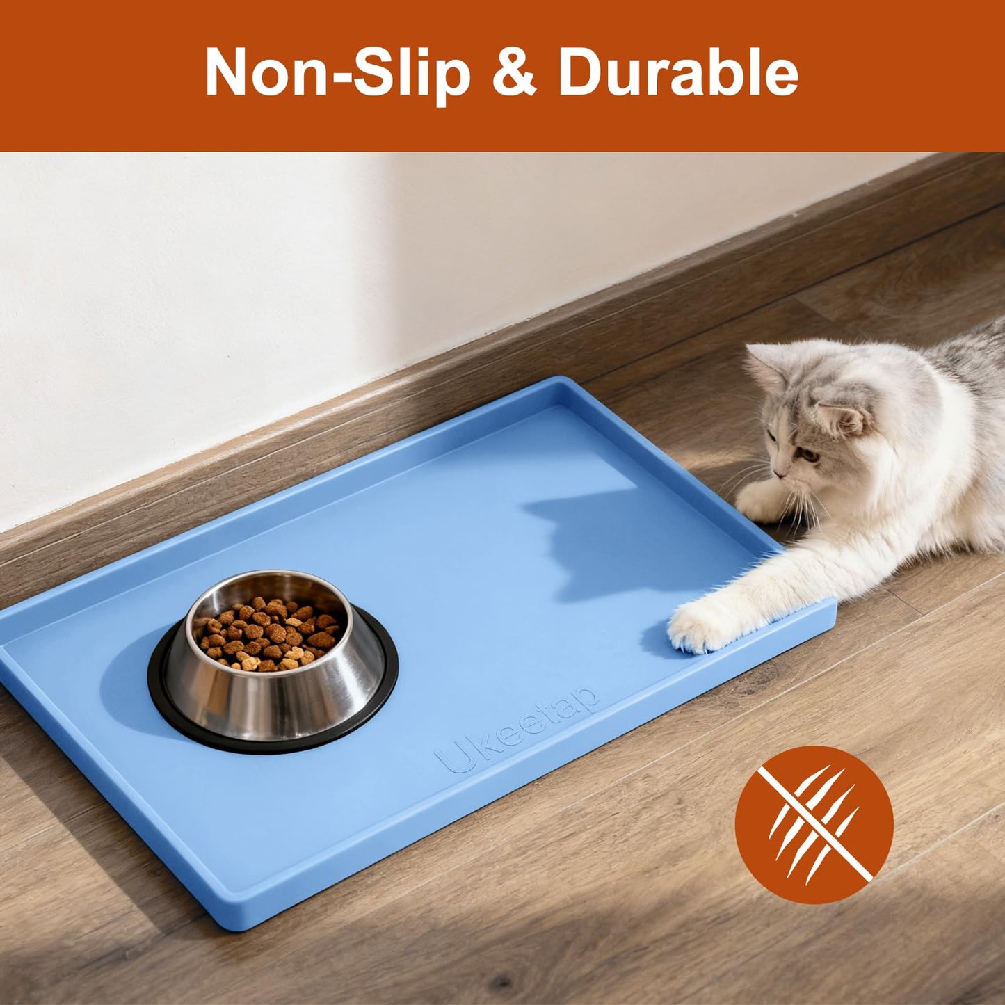 ukeetap Extra Thick Silicone Mat Waterproof with Raised Edge 19” x 12”, BPA Free Non-Slip Dog & Cat Food Mat, Feeding Mat for Food and Water Bowls, Spill Proof Mat to Protect Floors, Gray