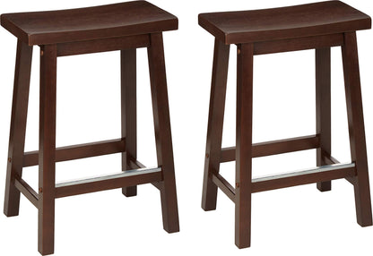 Amazon Basics Solid Wood Saddle-Seat Counter Height Bar Stools for Kitchen Island with Footrest, 24-Inch Height, Black, Set of 2