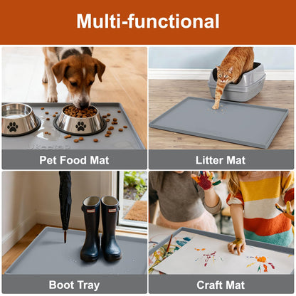 ukeetap Extra Thick Silicone Mat Waterproof with Raised Edge 19” x 12”, BPA Free Non-Slip Dog & Cat Food Mat, Feeding Mat for Food and Water Bowls, Spill Proof Mat to Protect Floors, Gray
