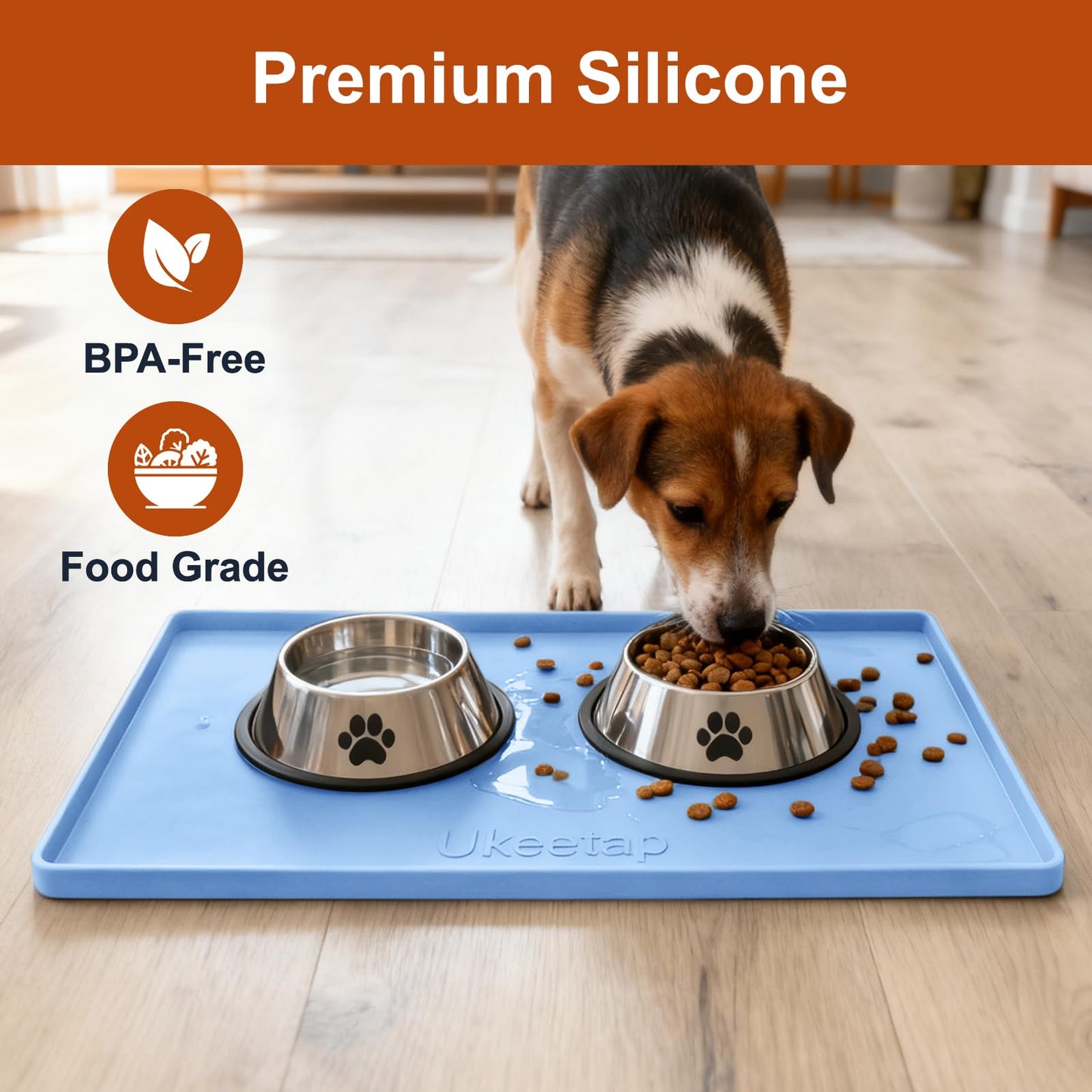 ukeetap Extra Thick Silicone Mat Waterproof with Raised Edge 19” x 12”, BPA Free Non-Slip Dog & Cat Food Mat, Feeding Mat for Food and Water Bowls, Spill Proof Mat to Protect Floors, Gray