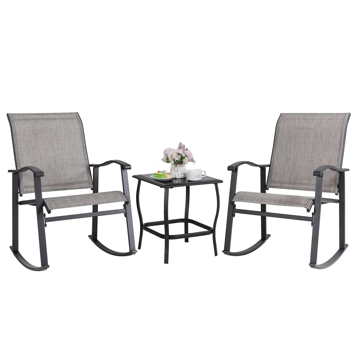 Shintenchi Rocking Chair Outdoor with Table, 3 Piece Rocking Patio Bistro Set, Outdoor Furniture Set with Metal Frame and Textilene Fabric for Small Space, Brown