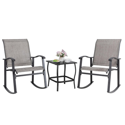 Shintenchi Rocking Chair Outdoor with Table, 3 Piece Rocking Patio Bistro Set, Outdoor Furniture Set with Metal Frame and Textilene Fabric for Small Space, Brown