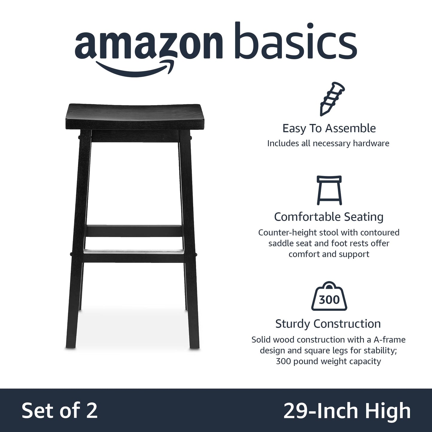 Amazon Basics Solid Wood Saddle-Seat Counter Height Bar Stools for Kitchen Island with Footrest, 24-Inch Height, Black, Set of 2