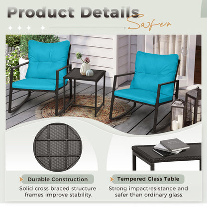 SUNCROWN 3 Piece Outdoor Rocking Bistro Set Black Wicker Furniture Porch Chairs Conversation Sets with Glass Coffee Table, Beige