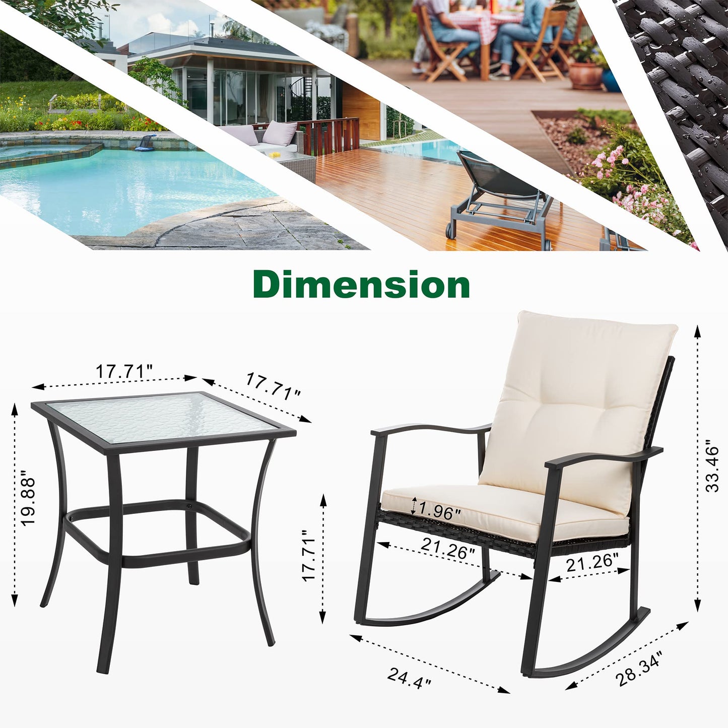 Shintenchi Rocking Chair Outdoor with Table, 3 Piece Rocking Patio Bistro Set, Outdoor Furniture Set with Metal Frame and Textilene Fabric for Small Space, Brown
