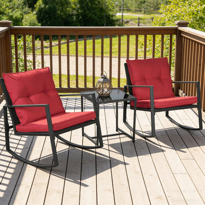 SUNCROWN 3 Piece Outdoor Rocking Bistro Set Black Wicker Furniture Porch Chairs Conversation Sets with Glass Coffee Table, Beige