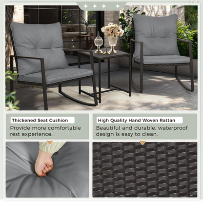 SUNCROWN 3 Piece Outdoor Rocking Bistro Set Black Wicker Furniture Porch Chairs Conversation Sets with Glass Coffee Table, Beige