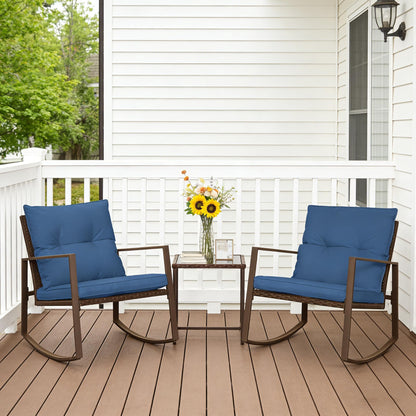 SUNCROWN 3 Piece Outdoor Rocking Bistro Set Black Wicker Furniture Porch Chairs Conversation Sets with Glass Coffee Table, Beige