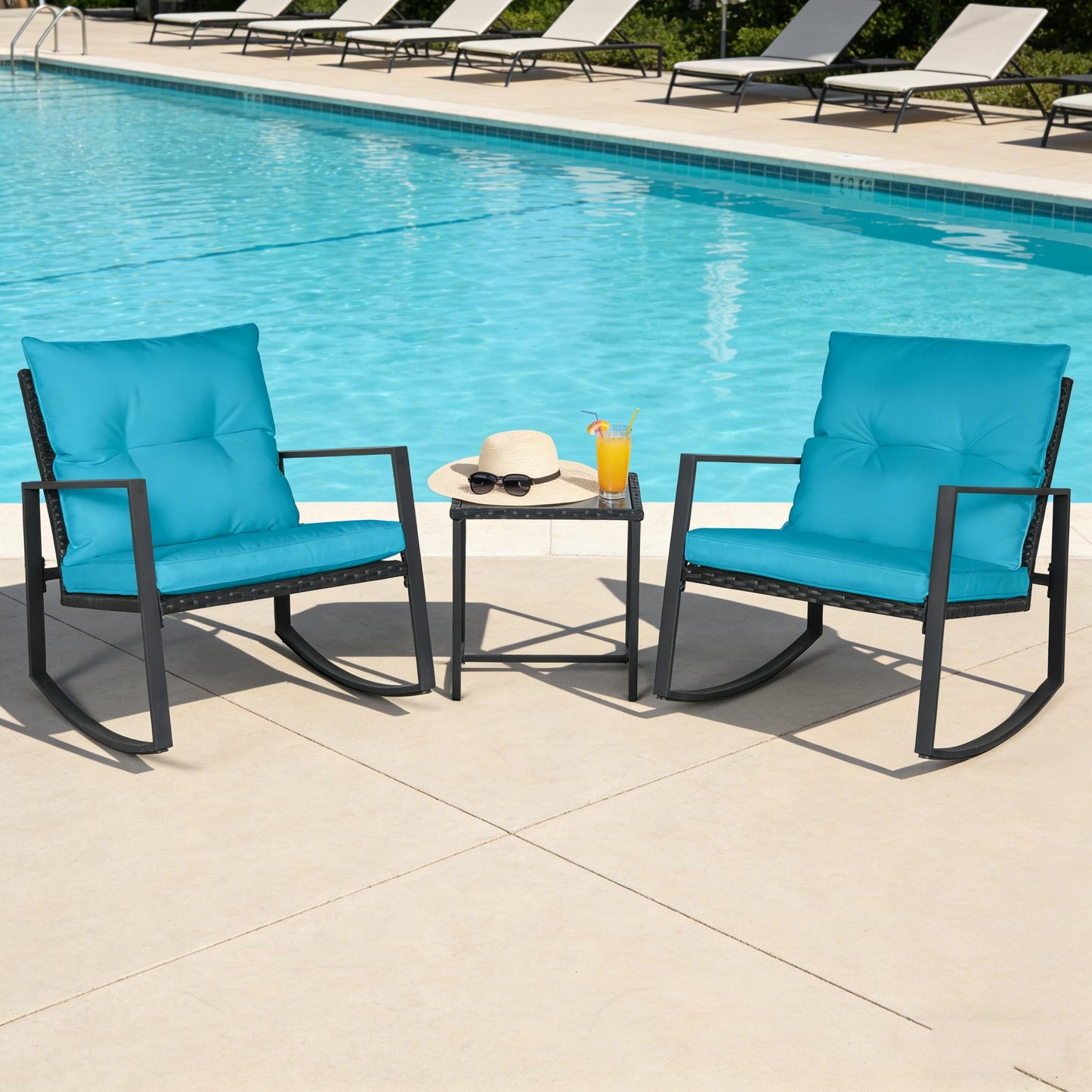 SUNCROWN 3 Piece Outdoor Rocking Bistro Set Black Wicker Furniture Porch Chairs Conversation Sets with Glass Coffee Table, Beige