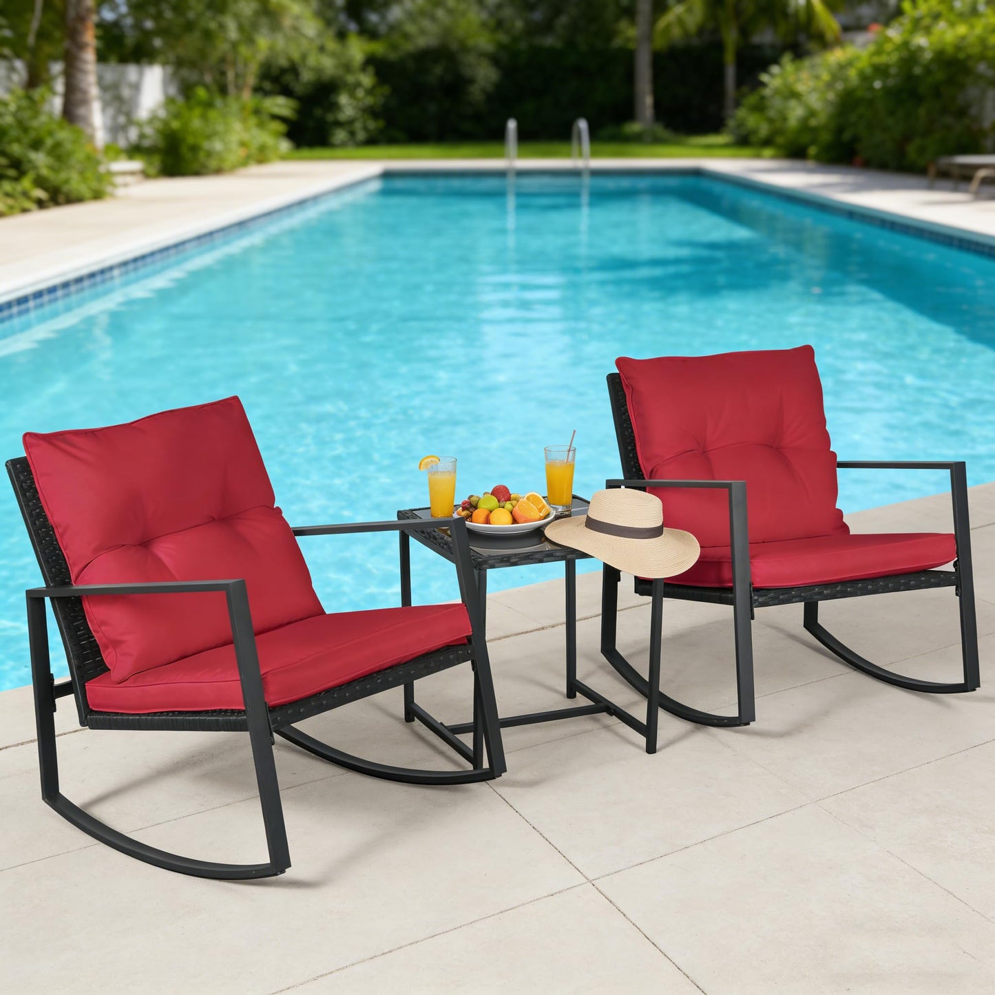 SUNCROWN 3 Piece Outdoor Rocking Bistro Set Black Wicker Furniture Porch Chairs Conversation Sets with Glass Coffee Table, Beige
