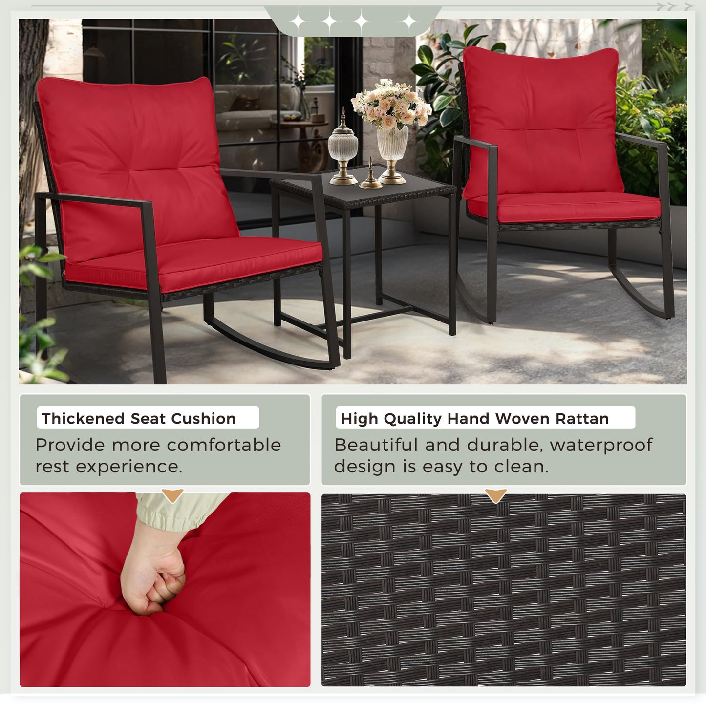 SUNCROWN 3 Piece Outdoor Rocking Bistro Set Black Wicker Furniture Porch Chairs Conversation Sets with Glass Coffee Table, Beige