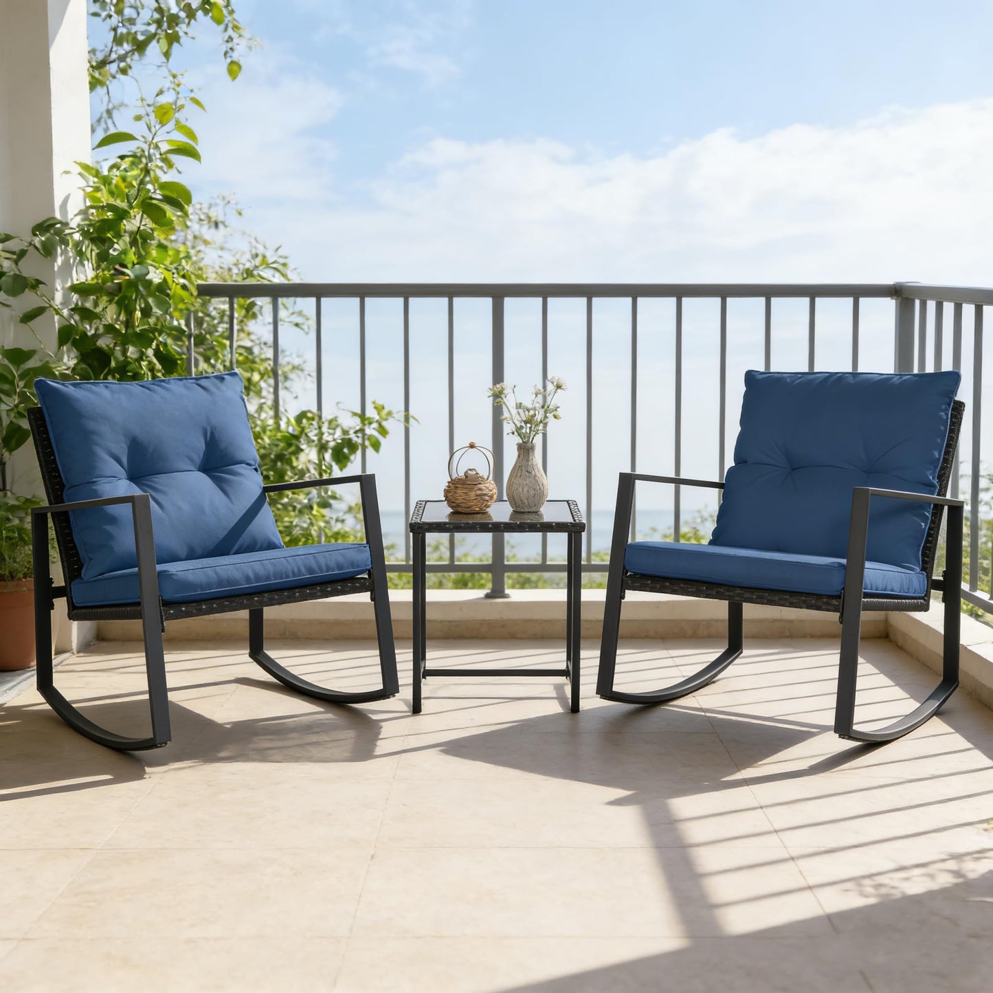 SUNCROWN 3 Piece Outdoor Rocking Bistro Set Black Wicker Furniture Porch Chairs Conversation Sets with Glass Coffee Table, Beige