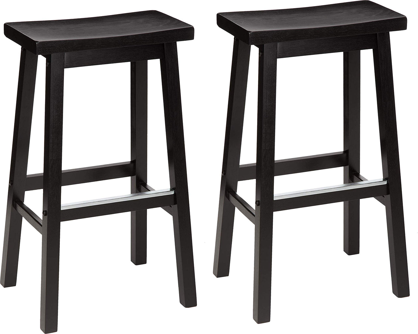Amazon Basics Solid Wood Saddle-Seat Counter Height Bar Stools for Kitchen Island with Footrest, 24-Inch Height, Black, Set of 2