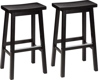 Amazon Basics Solid Wood Saddle-Seat Counter Height Bar Stools for Kitchen Island with Footrest, 24-Inch Height, Black, Set of 2