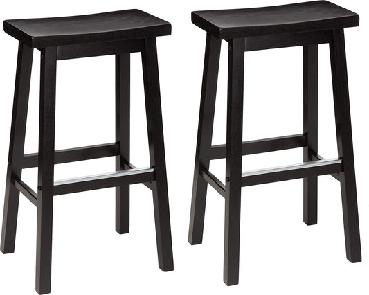 Amazon Basics Solid Wood Saddle-Seat Counter Height Bar Stools for Kitchen Island with Footrest, 24-Inch Height, Black, Set of 2
