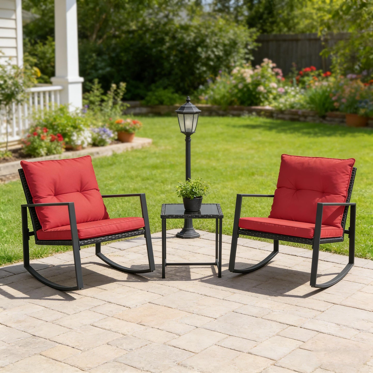 SUNCROWN 3 Piece Outdoor Rocking Bistro Set Black Wicker Furniture Porch Chairs Conversation Sets with Glass Coffee Table, Beige