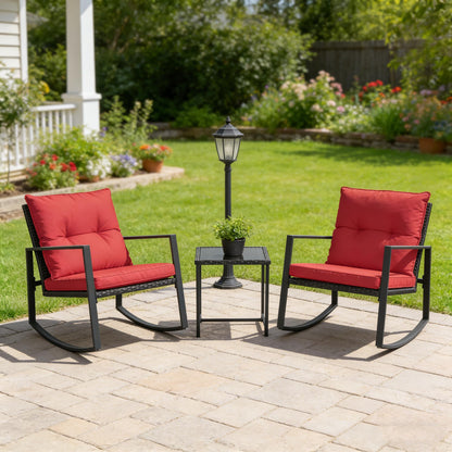 SUNCROWN 3 Piece Outdoor Rocking Bistro Set Black Wicker Furniture Porch Chairs Conversation Sets with Glass Coffee Table, Beige