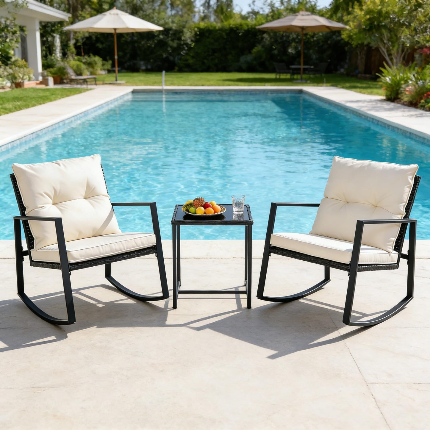 SUNCROWN 3 Piece Outdoor Rocking Bistro Set Black Wicker Furniture Porch Chairs Conversation Sets with Glass Coffee Table, Beige