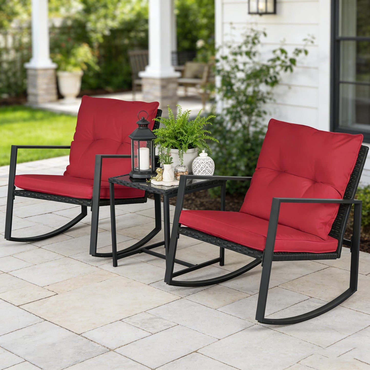SUNCROWN 3 Piece Outdoor Rocking Bistro Set Black Wicker Furniture Porch Chairs Conversation Sets with Glass Coffee Table, Beige