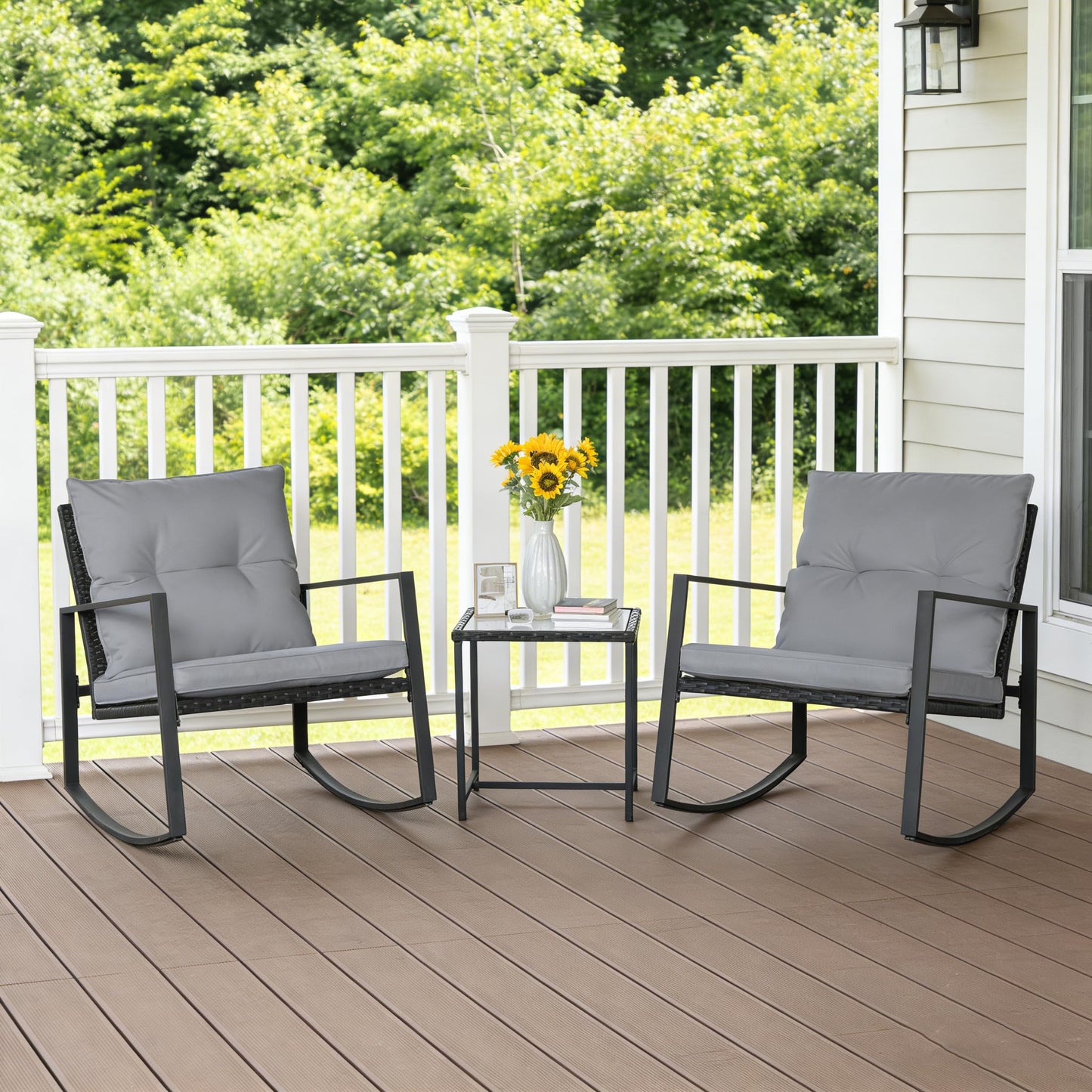 SUNCROWN 3 Piece Outdoor Rocking Bistro Set Black Wicker Furniture Porch Chairs Conversation Sets with Glass Coffee Table, Beige