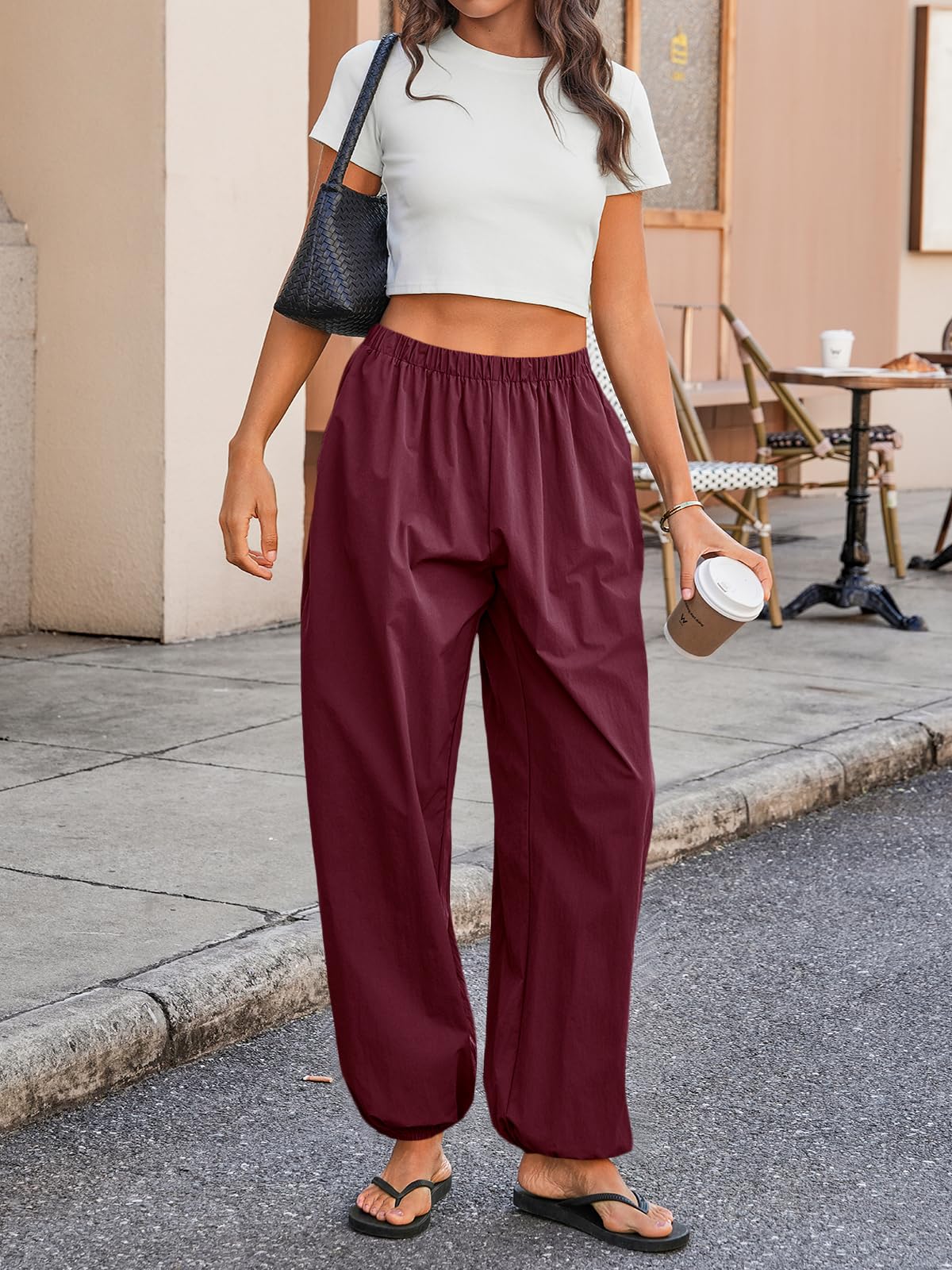 Tankaneo Womens Balloon Pants Trendy Casual Elastic Waist Wide Leg Harem Pants Baggy Pleated Lantern Trousers