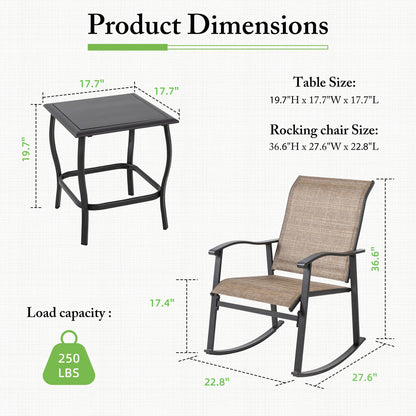Shintenchi Rocking Chair Outdoor with Table, 3 Piece Rocking Patio Bistro Set, Outdoor Furniture Set with Metal Frame and Textilene Fabric for Small Space, Brown