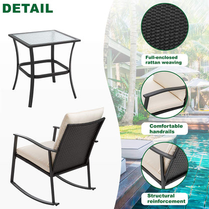 Shintenchi Rocking Chair Outdoor with Table, 3 Piece Rocking Patio Bistro Set, Outdoor Furniture Set with Metal Frame and Textilene Fabric for Small Space, Brown