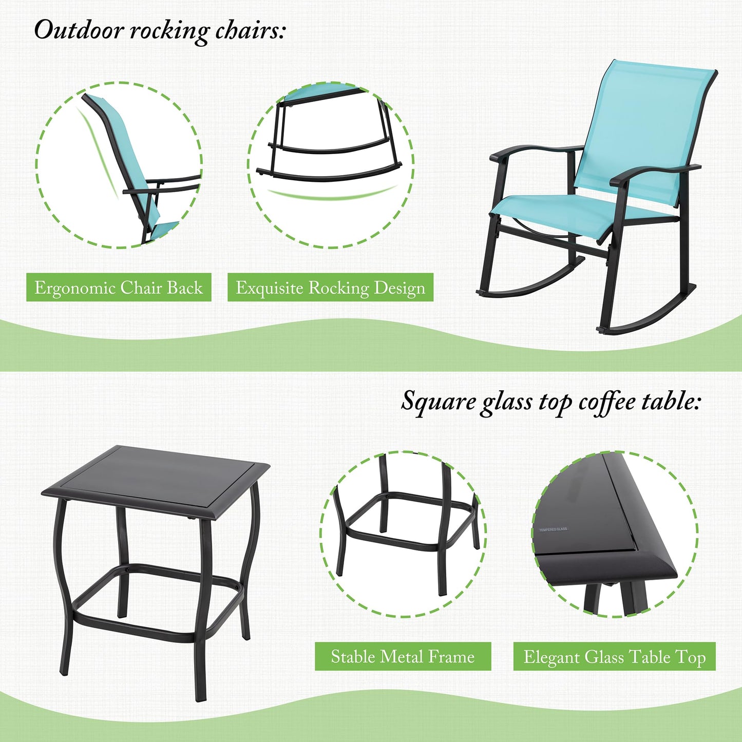 Shintenchi Rocking Chair Outdoor with Table, 3 Piece Rocking Patio Bistro Set, Outdoor Furniture Set with Metal Frame and Textilene Fabric for Small Space, Brown